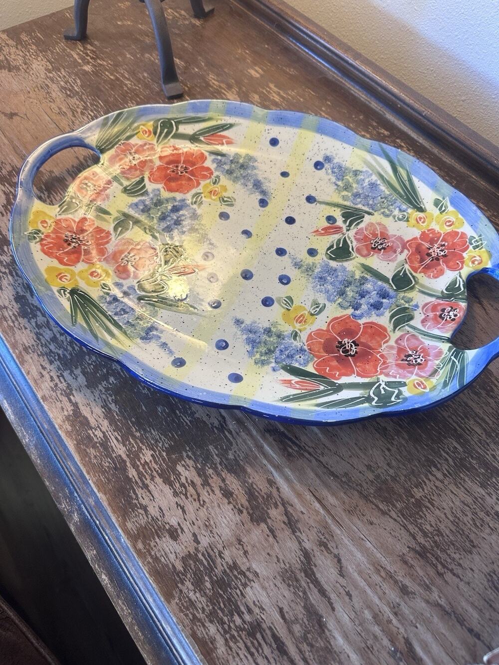 Vintage 19.5" Julie Ueland Enesco Ceramic Floral Serving Platter Blue Speckled